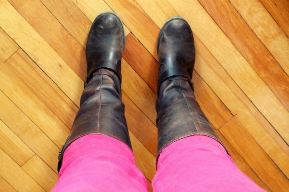 pink pants brown boots