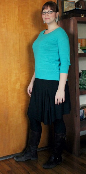 turquoise sweater black skirt outfit 2